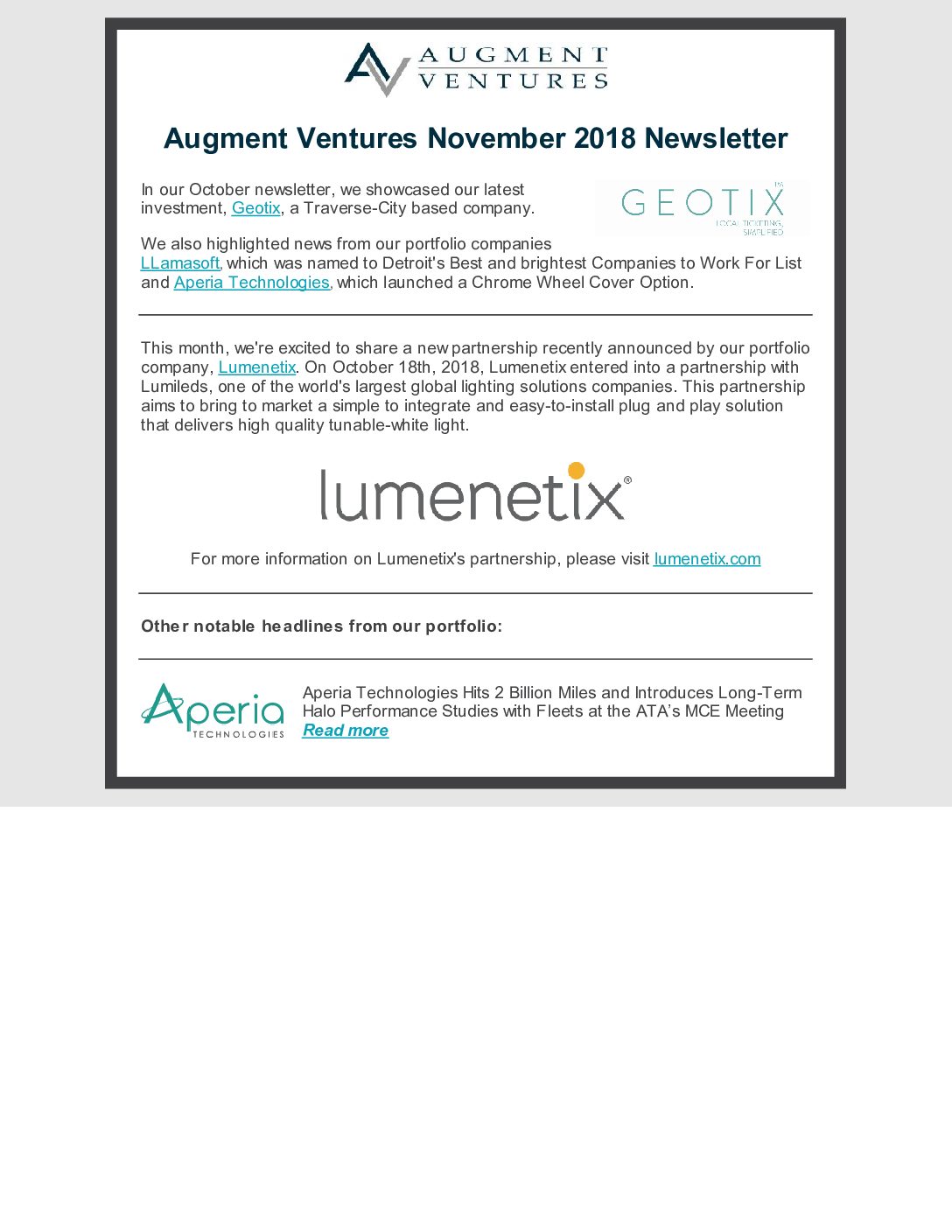 Augment Ventures November 2018 Newsletter