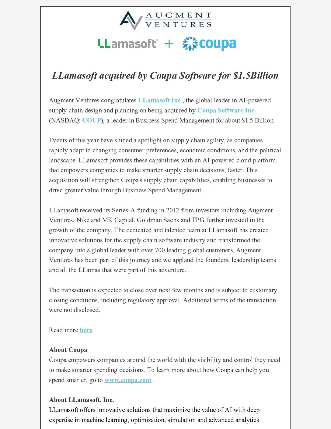 Augment Ventures Fund-I LLamasoft Exit 2020