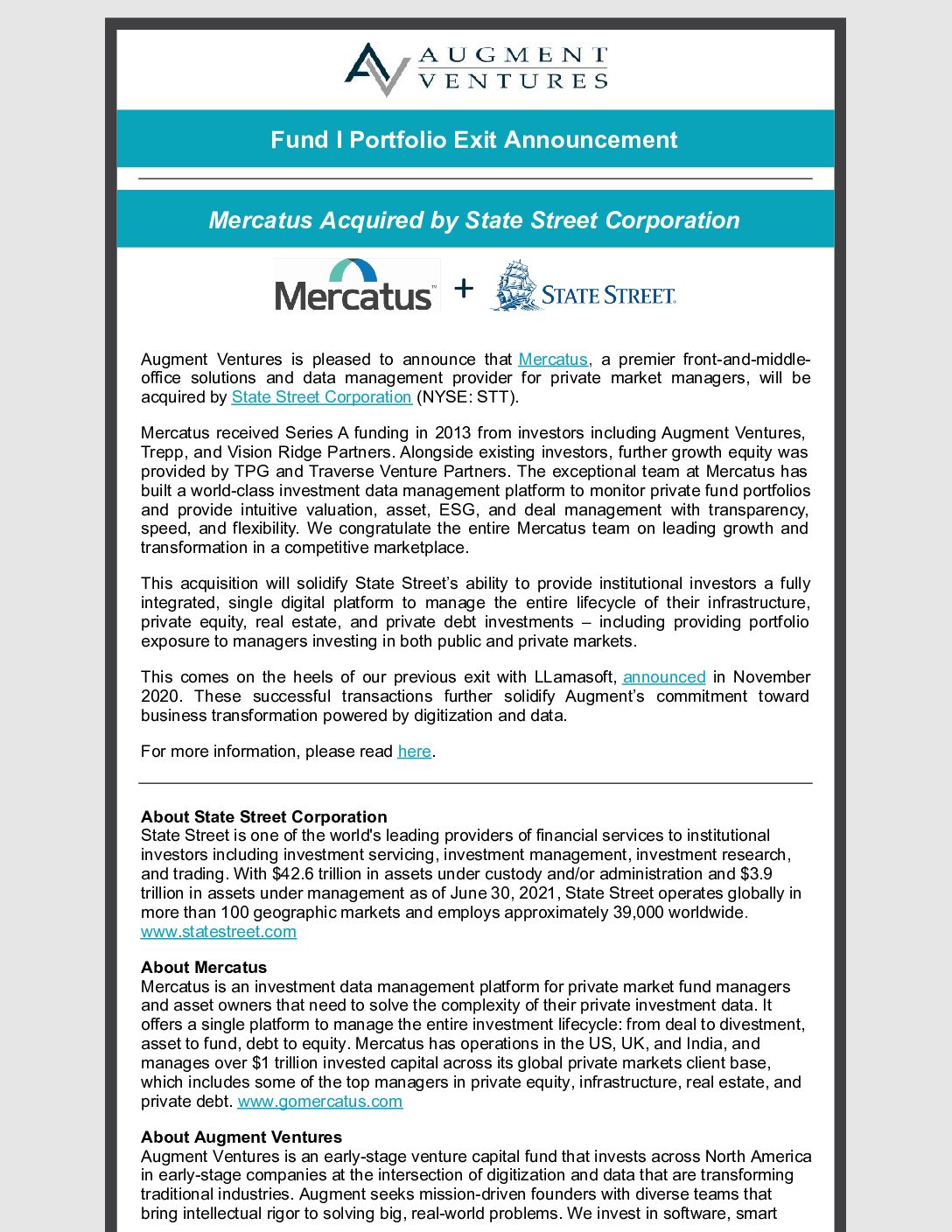 Augment Ventures – Mercatus Sold to State Street